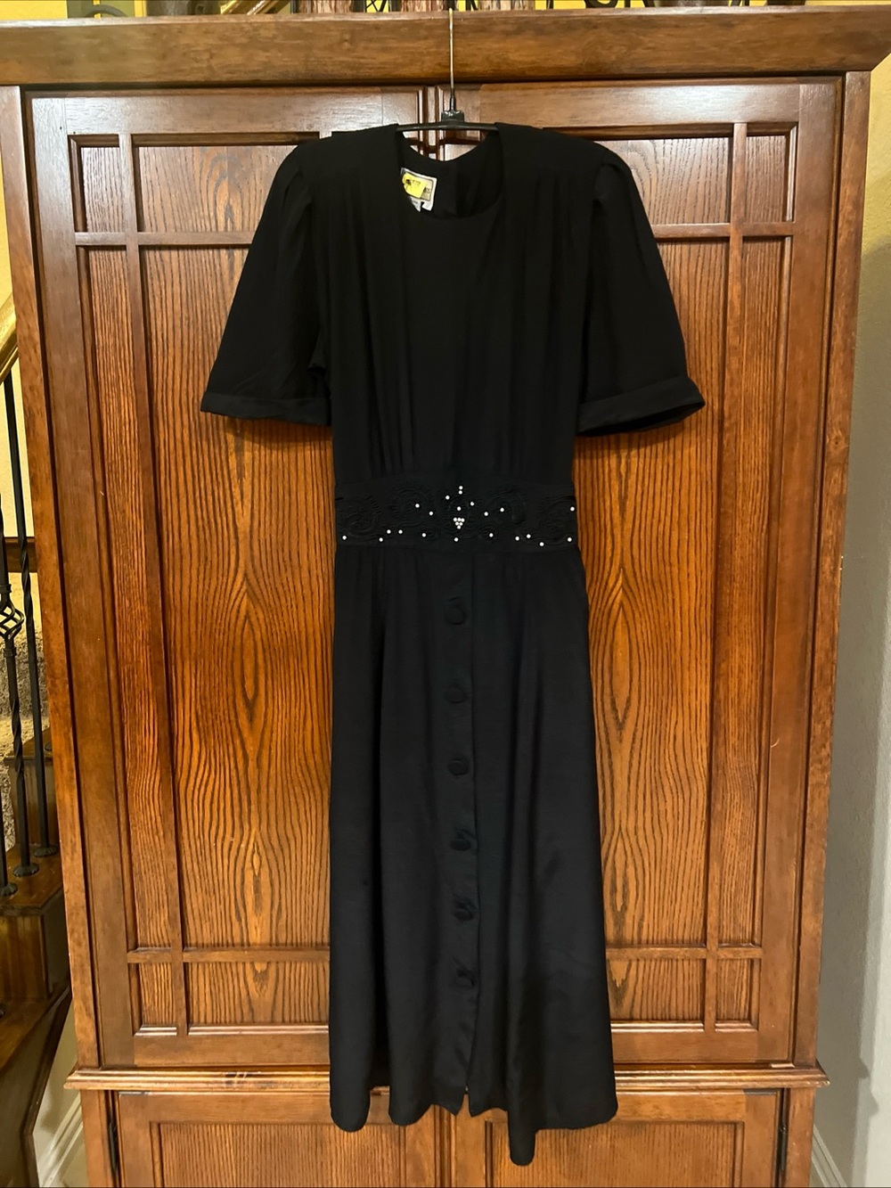 Vtg 80s 90s Karin Stevens Black Rayon Midi Dress 12 Studded Rhinestone Waist